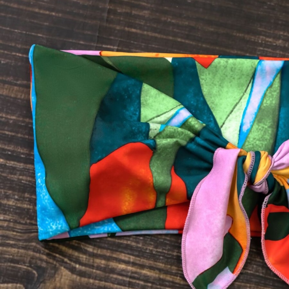 Boho Red front tie color block high waisted bikini - Picture 4 of 4